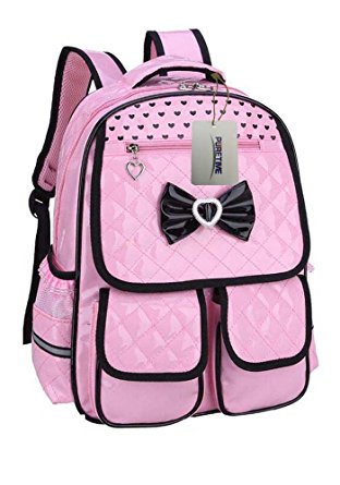 Puretime Girls Cute Pu Leather School Backpack Satchel Waterproof Travel Bag for Teenage Girls Princess Style