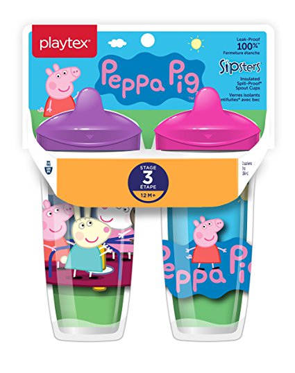 Playtex Sipsters Stage 3 Peppa Pig Spill-Proof, Leak-Proof, Break-Proof Insulated Toddler Spout Cups For Girls - 9 Ounce - 2 Count