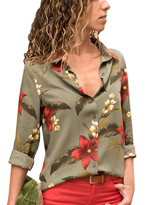 Dokotoo Womens V Neck Floral Print Button Down T Shirts Casual Blouses Tops (S-XXL)