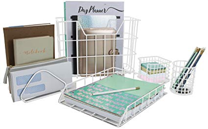 Sorbus Desk Organizer Set, 5-Piece Desk Accessories Set Includes Pencil Cup Holder, Letter Sorter, Letter Tray, Hanging File Organizer, and Sticky Note Holder for Home Or Office (White)