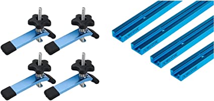 POWERTEC 71168-P2 T-Track Hold Down Clamps, 5-1/2” L x 1-1/8” Width, Set of 4 & 71372 Double-Cut Profile Universal T-Track (36") W/ Double Cut Profile | EZ Mount Predrilled Holes, 4 Pack