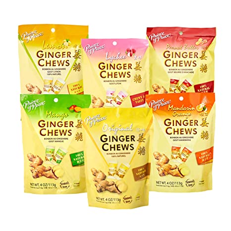 Prince of Peace Ginger Chews Candy Bundle — Original, Lemon, Orange, Mango, Lychee and Peanut Butter Flavors — 100% Natural, Vegan and Gluten-Free Candies, Pack of 6, 4oz (113g)