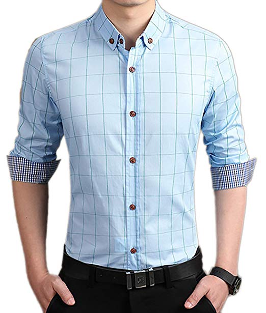 LOCALMODE Men's 100% Cotton Long Sleeve Plaid Slim Fit Button Down Dress Shirt