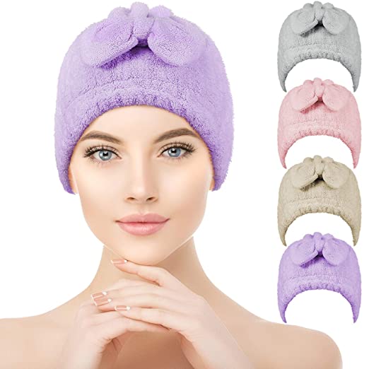 4 Pieces Microfiber Hair Drying Towels Head Wrap Absorbent Bow-Knot Hair Caps Quick Drying Hair Turban Bath Cap Hair Dry Wrap for Curly Long Wet Hair Shower Cap, 4 Colors