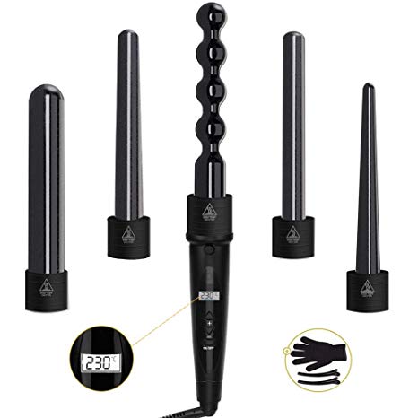 Curling Wand with Tourmaline Ceramic Barrels Curling Tongs 5 Interchangeable Curling Irons LCD 80°C - 230°C Temperature Control UK Plug, Black