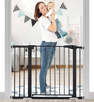 KINGSO Baby Gate 43.3" Extra Wide Tall Baby Gate for Stairs Doorways Auto Close Safety Dog Pet Gates Durable Metal Easy Walk Thru Child Gate, Include 4 Pressure Bolts, 2.75" & 8.25" Extension, Black