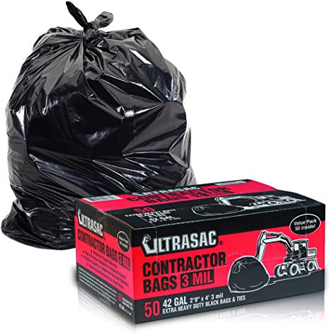 Heavy Duty Contractor Bags by Ultrasac - (VALUE 50 PACK /w TIES), 42 Gallon, 2'9" X 4' - 3 MIL Thick Large Black Industrial Garbage Trashbags for Construction and Commercial use