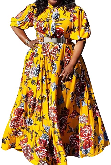 VERWIN Plus Size Floor-Length Print Half Lantern Sleeve Floral Women's Maxi Dress Expansion Dress
