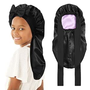 Kids Long Hair Bonnet for Sleeping - Double Layer Girls Elastic Satin Bonnet with Tie Band for Braid Curly Hair (Black Purple)