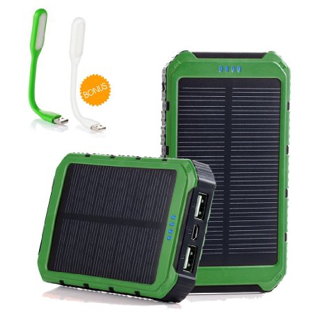 [2 Free LED Lamps] Grandbeing 10000mAh Portable Solar Phone Charger External Battery Pack Outdoor Power Bank with Dual USB and LED Light for Smartphone and Tablets, Army Green