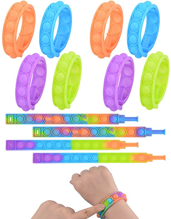 Push Pop Bubble Wristband Fidget Toys, Set of 12 Wearable Autism Special Needs Stress Reliever ,Hand Finger Press Silicone Bracelet Toy for Kids and Adults (Multicolor-12)