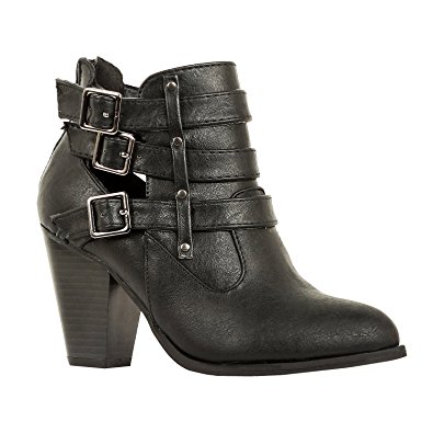 West Blvd Womens Strappy Chunky Block Heel Ankle Buckle Bootie Boots