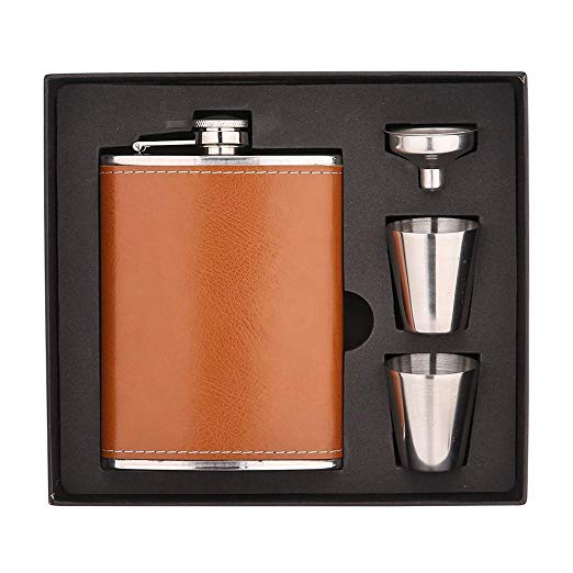 NARCE 8oz Stainless Steel Flask Funnel Set | Heavy Duty Flask Set Gift Set Includes 2 Camping Cup,Funnel and Gift Box| PROVEN GIFT For Men or Women (brown, 8 oz / 236 ml)