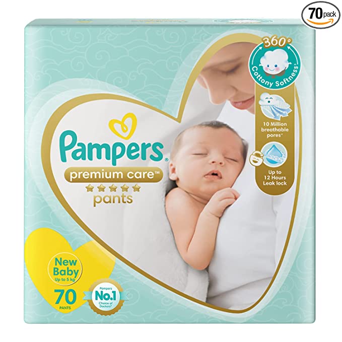 Pampers Premium Care Pants, New Born Extra Small size baby Diapers, (NB/XS) 70 count Softest ever Pampers