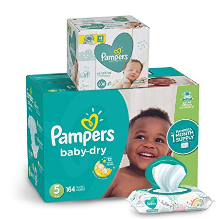 Pampers Diapers Size 5 - Baby Dry Disposable Baby Diapers, 164 Count ONE MONTH SUPPLY with Baby Wipes Sensitive 6X Pop-Top Packs, 336 Count