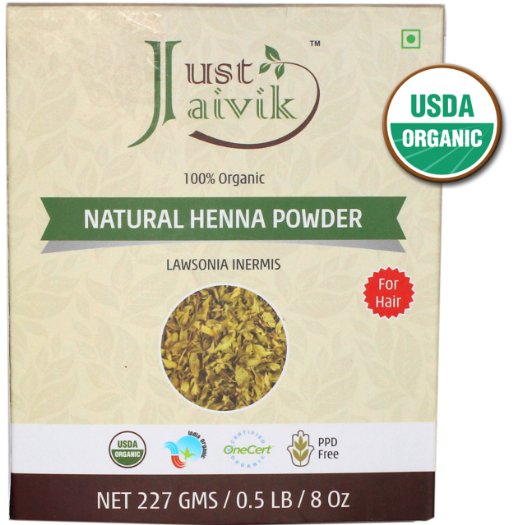 Just Jaivik 100% Organic USDA Certified Henna Powder (Lawsonia Inermis) For Hair Certified by OneCert Asia for USDA Organic Standard 227 Gms / 0.5 LB/ 8 Oz , 100% Natural , No chemical or additive.