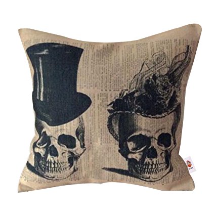 Nunubee Cotton Linen Home Decorative Throw Pillow Case Printed Cushion Cover for Sofa Bed Car Two Skulls