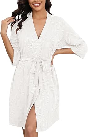 Ekouaer Robes for Women Ribbed Knit Bathrobe Soft Knee Length Kimono Robe 3/4 Sleeve Sleepwear with Pockets S-XXL