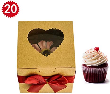 RomanticBaking Single Cupcake Boxes,20 Pack Heart-shaped Brown Kraft Bakery Boxes With Window For Wedding,Birthday,Party,Treats,and Baby Shower Favors (20, Single)