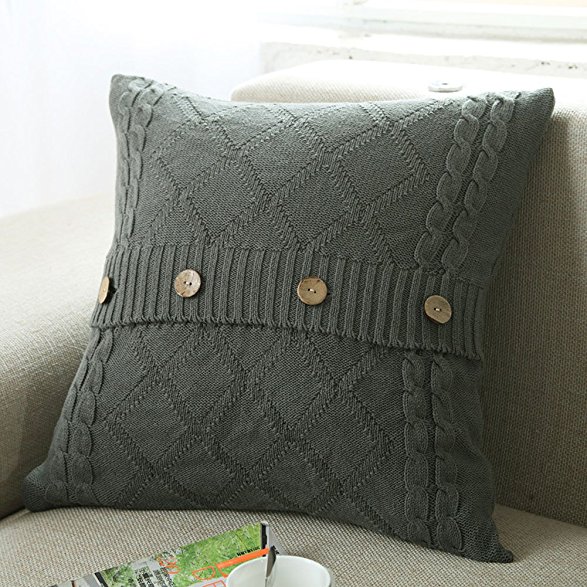 DOUH Cable Knit Pillow Cover 1PC (18" x 18") Soft Sweater Square Sofa Throw Pillow Case Cushion Cover Decorative Pillow Cover with Coconut Shell Buttons\Grey