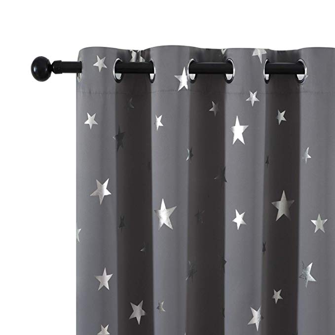Utopia Decor Light Grey Star Curtains Thermal Insulated Blackout Curtains with Silver Star Pattern Drapes Noise Reducing Light Blocking Curtains for Boys Girls Bedroom 52 by 84 Inch Set of 2