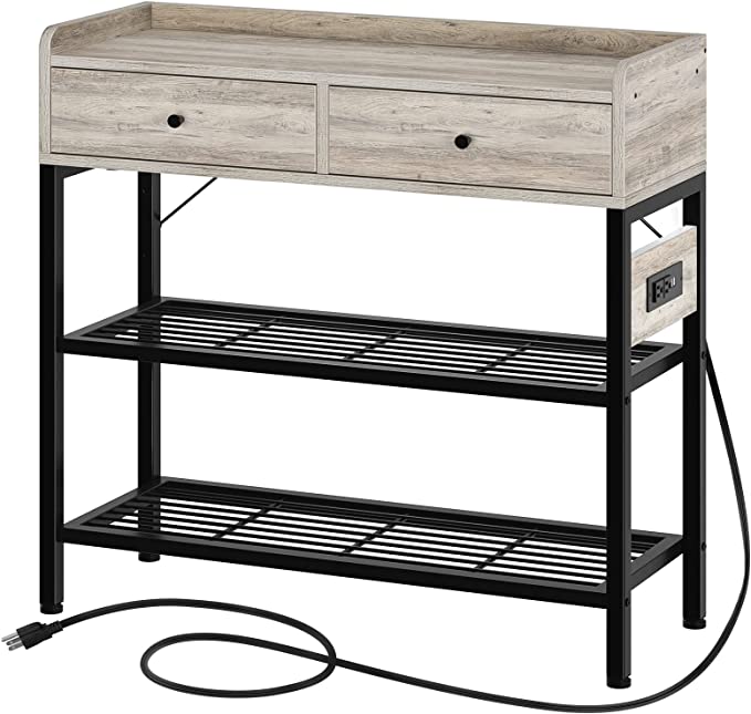 Rolanstar Entryway Table with Drawers,31.5” Entry Hallway Table with Charging Station Metal Storage Shelves,3-Tier Console Sofa Table Entry Stand with LED Lights for Couch,Entrance,Living Room Greige