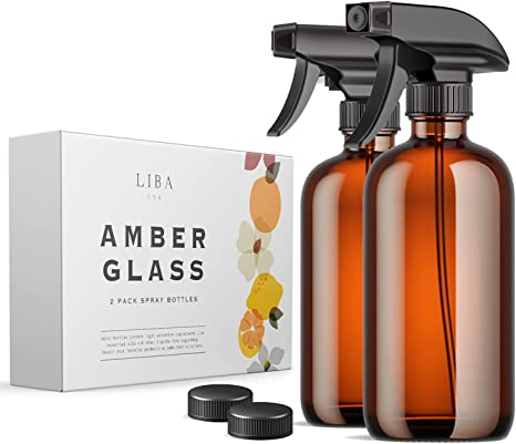 LiBa Amber Glass Spray Bottles 2 Pack, Refillable Empty Spray Bottle for Cleaning, Essential Oils, Hair, Plants, Adjustable Nozzle for Squirt and Mist, Bleach/Vinegar/Rubbing Alcohol Safe