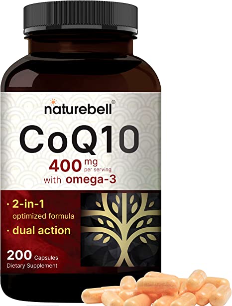 CoQ10 400mg with Omega-3s, 200 Capsules | Ubiquinone for Heart Health, Energy, Antioxidant Support - High Potency Coenzyme Q10 & Omega 3 Fatty Acid for Enhanced Vitality and Wellness