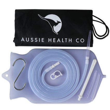 Aussie Health Co Silicone Enema Bag Kit - Odorless Non-Toxic FDA Registered Reusable Clear Bag (2 Quart) With Nozzle   3 Replacement Tips, Clamp, Sturdy Metal Hook & Discreet Drawstring Storage Bag