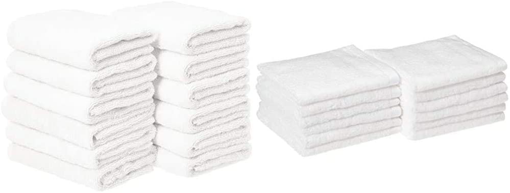 AmazonBasics Cotton Hand Towels, White - Pack of 12 & Quick-Dry, Luxurious, Soft, 100% Cotton Towels, White - Set of 12 Washcloths