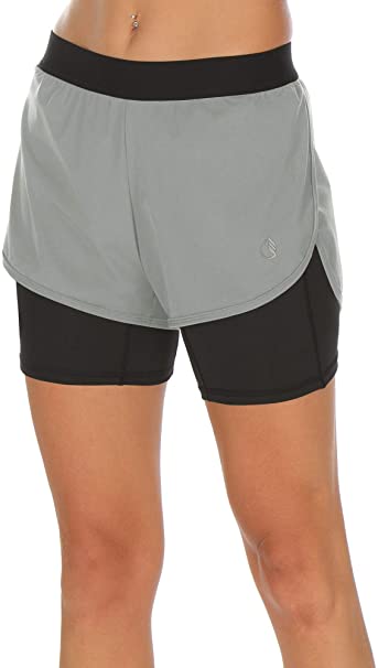 icyzone Workout Running Shorts with Pockets - Women's Gym Exercise Athletic Yoga Shorts 2-in-1