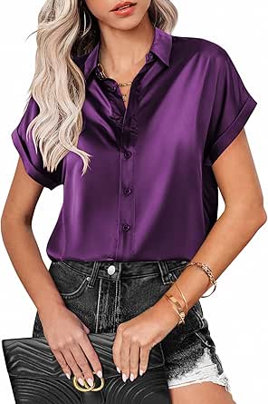 Zeagoo Silk Blouse for Women Short Sleeve Satin Button Down Shirts Casual Loose V-Neck Business Work Tunic Top