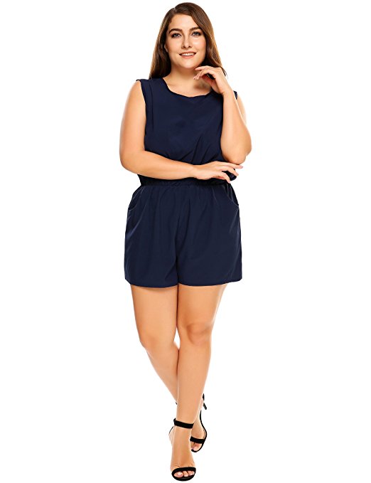 IN'VOLAND Womens Plus Size Sleeveless Rompers and Jumpsuit w/Pockets - Ladies Open Back Elastic Waist Summer Beach Playsuit