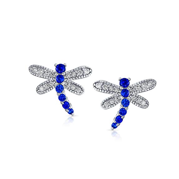 Tiny Blue Cubic Zirconia Pave CZ Garden Butterfly Dragonfly Stud Earrings For Women For Teen 925 Sterling Silver