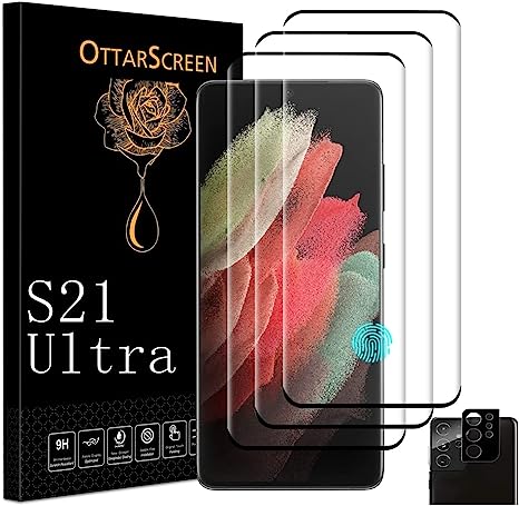 OttarScreen Galaxy S21 Ultra Screen Protector, With 1 Pack Tempered Glass Camera Lens Protector【3 1 Pack】 Compatible Fingerprint, Easy Installation, 3D Glass 9H Hardness Tempered Glass Screen Protector for Samsung Galaxy S21 Ultra 5G