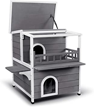 Lovupet 2-Story Wooden Outdoor/Indoor Luxurious Cat Shelter House Condo with Transparent PVC Canopy 6012-0509