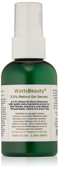 Watts Beauty 2.5% Retinol Gel Serum Enhanced with 50% Hyaluronic Acid, Vitamin E, Phospholipids & Green Tea - Formulated for Aging Skin, Uneven Skin Tones, Fine Lines, Wrinkles, Blemishes, Large Pores, Dull Skin, Sun Damaged Skin, Age Spots & More - Made in USA - No Parabens, No Alcohol, No Animal Testing or Ingredients (2.24oz)