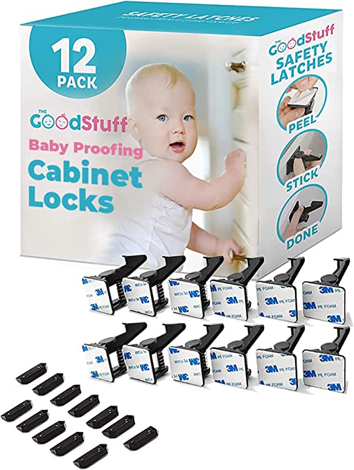 Baby Proof Cabinet Locks [12 Pack] Simple - No Drill - Adhesive Baby Proofing Child Safety Locks