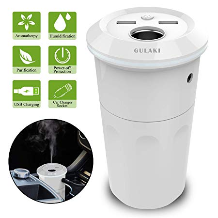 GULAKI Essential Oil Car Diffuser - Multifunction Cool Mist Car Humidifier with 2 USB Ports and 1 Car Charger Socket (White)