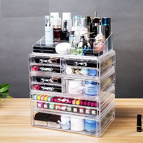 Cq acrylic Large 10 Drawers Makeup Organizer with Cosmetics organizer Storage,Clear,11.8"x8"x18.5",sets of 5