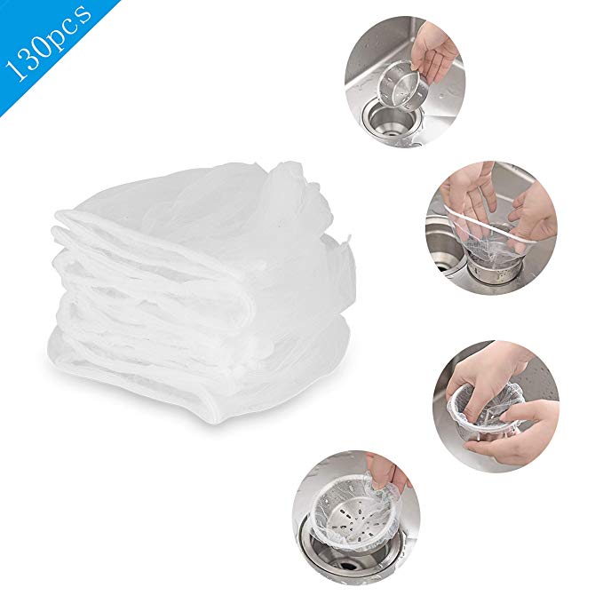 130 PCS Sink Strainer Bag, Disposable Mesh Sink Strainer Bags for Kitchen and Bathroom, Suitable for all Sizes of Sinks, White
