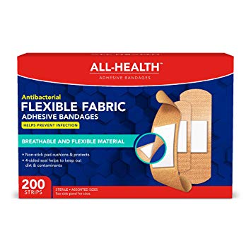 All-Health Antibacterial Flexible Fabric Adhesive Bandages, Assorted Sizes, 200 Count