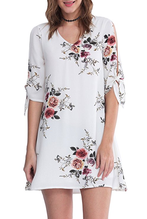 Zattcas Womens Tie Sleeve Tunic Dress Floral Print Casual Loose T Shirt Dress
