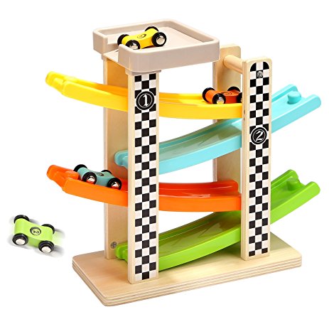 Wooden Ramp Racer Race Track Vehicle Playsets For Kids With 4 Mini Racers