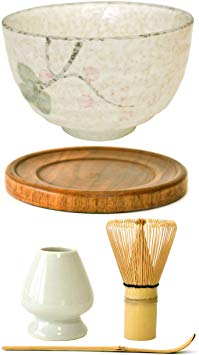 Premium Japanese Ceremonial Matcha Green Tea Chawan Bowl Full Kit Set with Accessories and Tools Bamboo Chasen Matcha Whisk Scoop and Holder (Spring Petal)