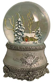 5.5" Cottage With Tree Glitter Silver Base 100mm Dome Plays I'll Be Home For Christmas by Roman