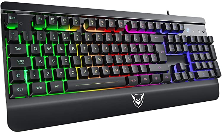 Gaming Keyboard, PICTEK Ultra-Slim All-Metal Panel Wired USB Gaming Keyboard with Bright Rainbow Backlight and Glow Keys, 19-Key Anti-Ghosting, Plug & Play to Computer,Laptop,PC,Windows - UK Layout