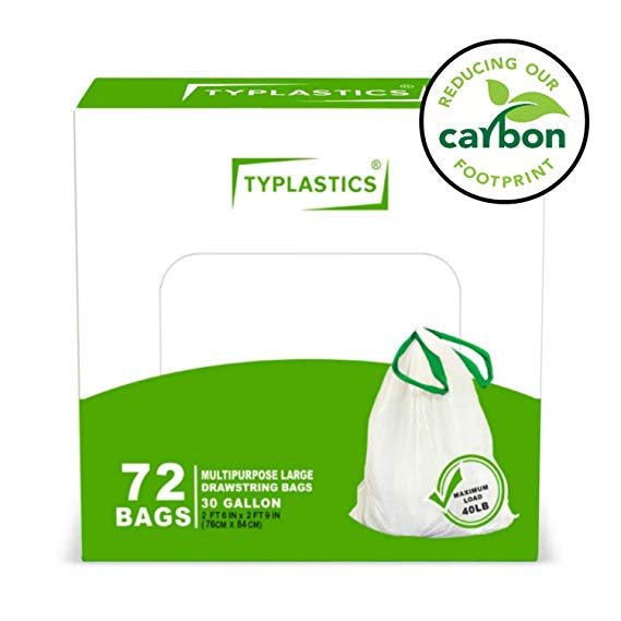 TYPLASTICS 30 Gallon Large White Drawstring Trash Bags - Industrial Garbage Bag - 72 Count