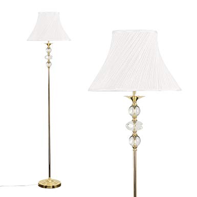 Decorative Polished Gold and Clear Glass Floor Lamp with a White Pleated Shade