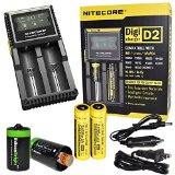 Nitecore D2 Digicharge universal homein-car battery charger Two Nitecore 18650 NL189 3400mAH rechargeable batteries with 2 X EdisonBright AA to D type battery spacerconverters